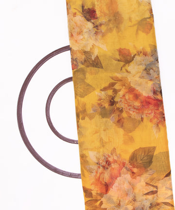 Yellow Colour Floral Print Organza Fabric